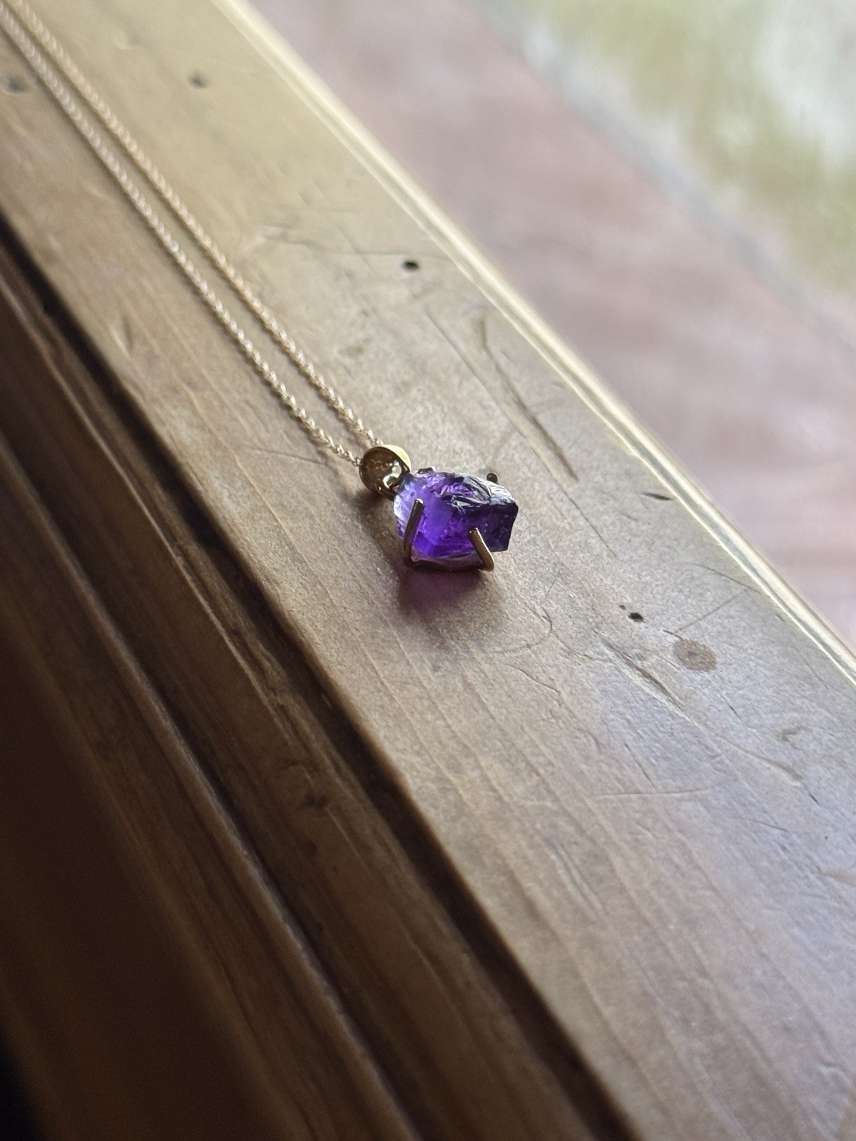 14K Gold Necklace With Genuine Uncut Amethyst Embedded Into Pendant. 18 In, New