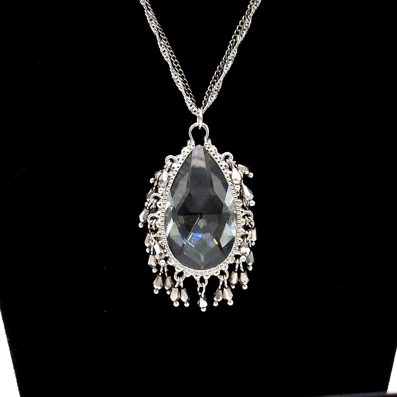 Silver Tone Crystal Teardrop Pendant Necklace Double Strand Adjustable 32-35in