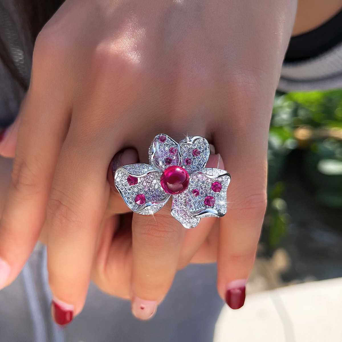Pretty Big Flower Adjustable Ring Silver Plated Cubic Zirconia Women Bridal Gift