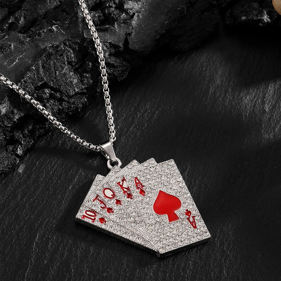 New Card Womens Silver CZ Poker Mens Pendant Necklace Punk Hip Hop Jewelry Chain