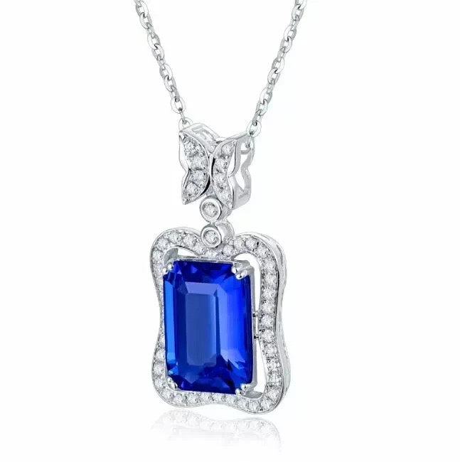 2.45 Ct Emerald Cut Blue Sapphire Pendant Wedding Pendant 14k White Gold