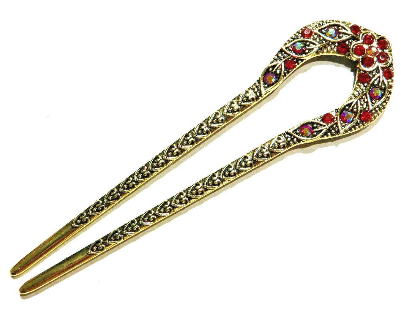 RED & GOLDTONE CRYSTAL HAIR STICK horseshoe prong bun twist pin rhinestone H1