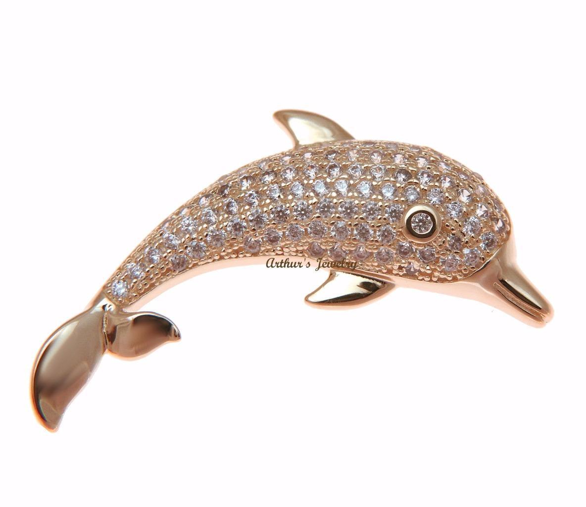ROSE GOLD PLATED 925 STERLING SILVER HAWAIIAN DOLPHIN PENDANT CZ 36MM