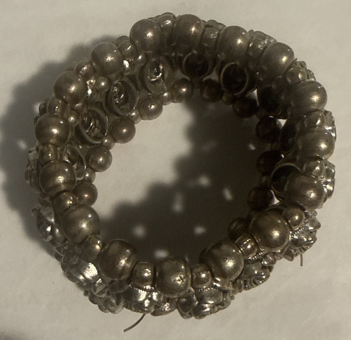 LARGE BOLD RUNWAY COUTURE SILVER TONED METAL ROSE BEADS STRETCH CUFF BRACELET