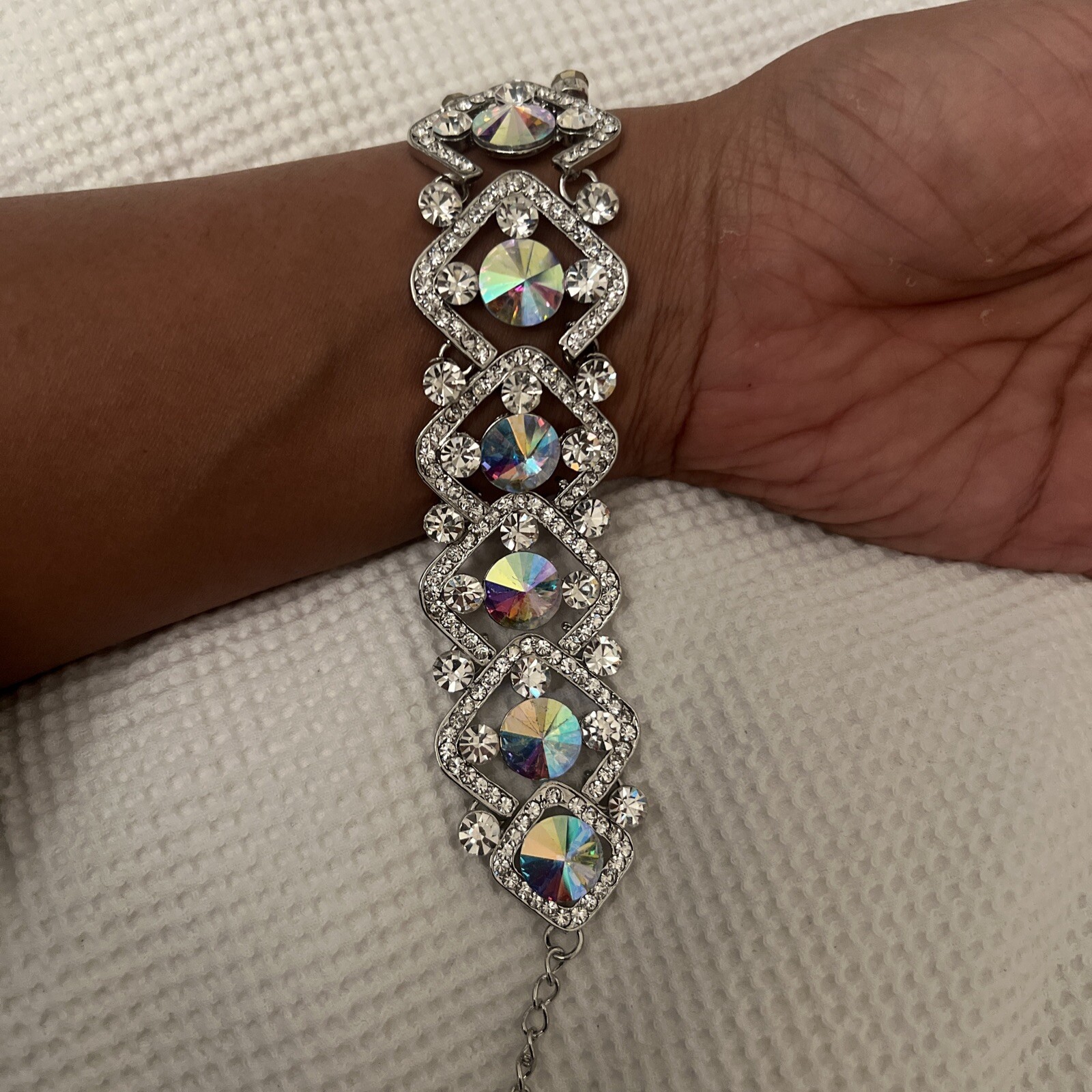 Beautiful Faux Diamanté Silver Multi Bracelet With Hook Fasten