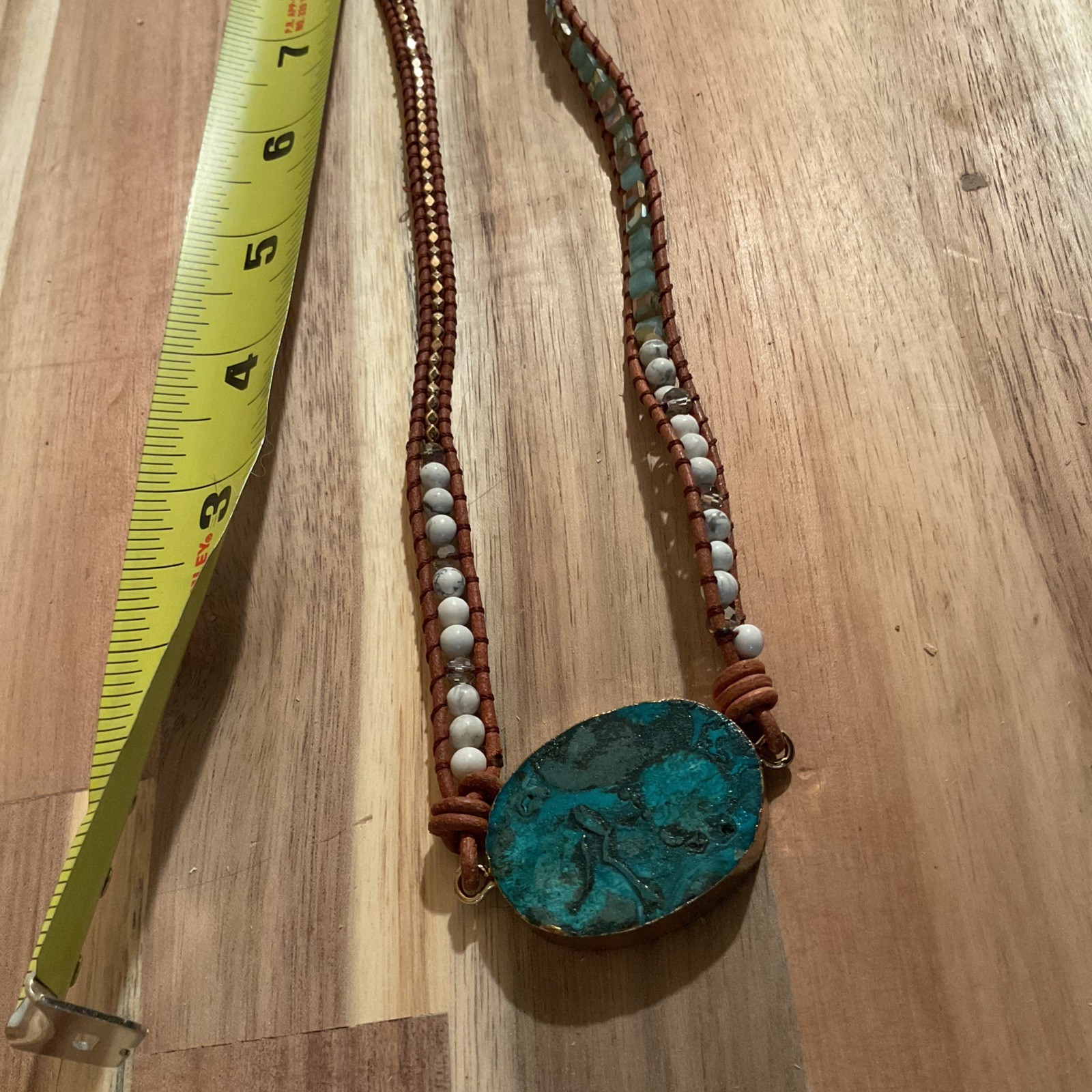 Blue Turquoise Color Stone Gold Edges Leather Beaded Necklace 17 Inches Long