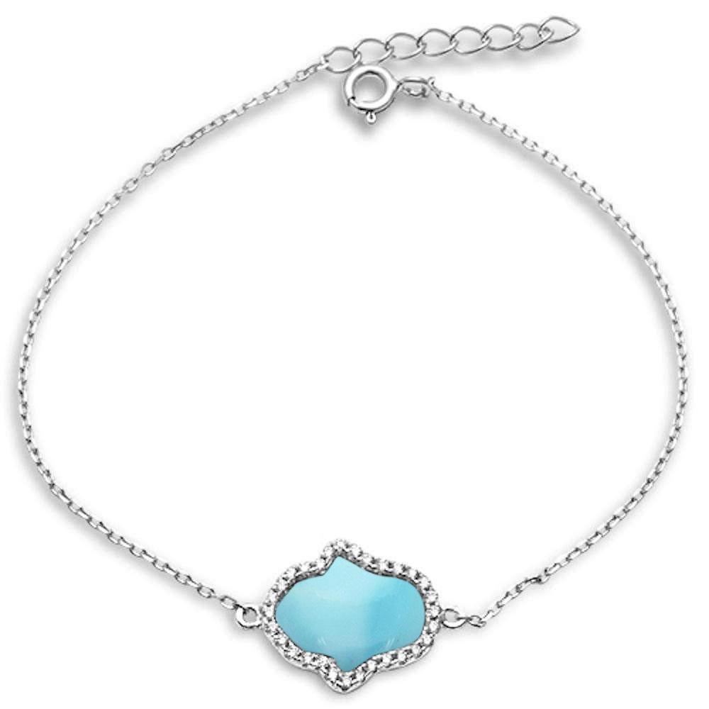 Natural Larimar & CZ Hand Of Hamsa .925 Sterling Silver Bracelet