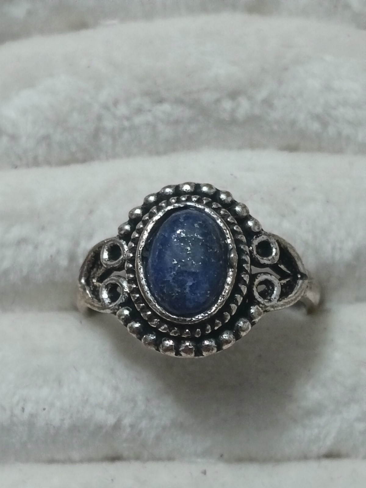 oldstock Silver Tone Ring Size 6 1/2 Blue Oval Cabochon Bezel Set, 1 Gemstone