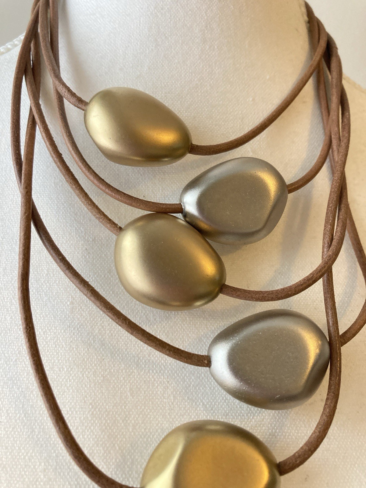 Chunky Pebble Bead Necklace Brown Cord Gold Silver Tone Modern Artsy Magnetic