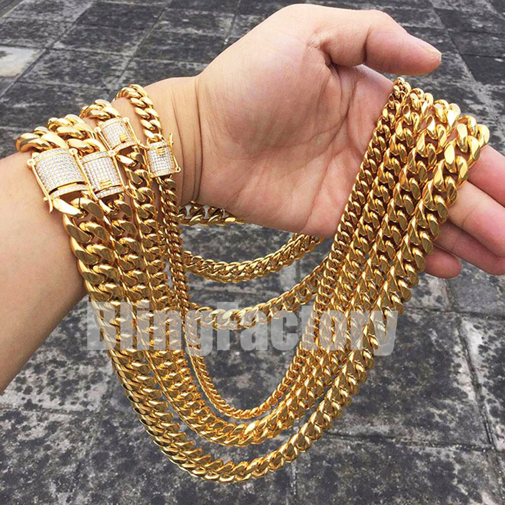 Hip Hop Stainless Steel Iced Box Lock 10mm 12mm Miami Cuban Link Chain Necklace
