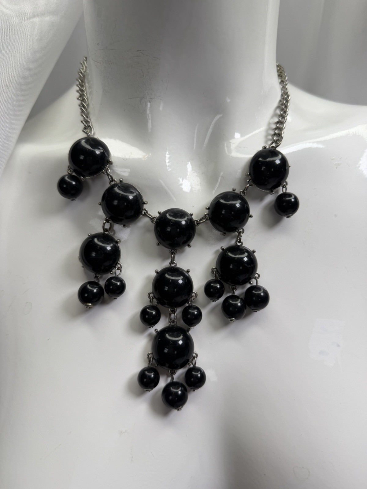 Vintage Black Bubble Bead Statement Necklace Silver Tone Chain Bib Necklace