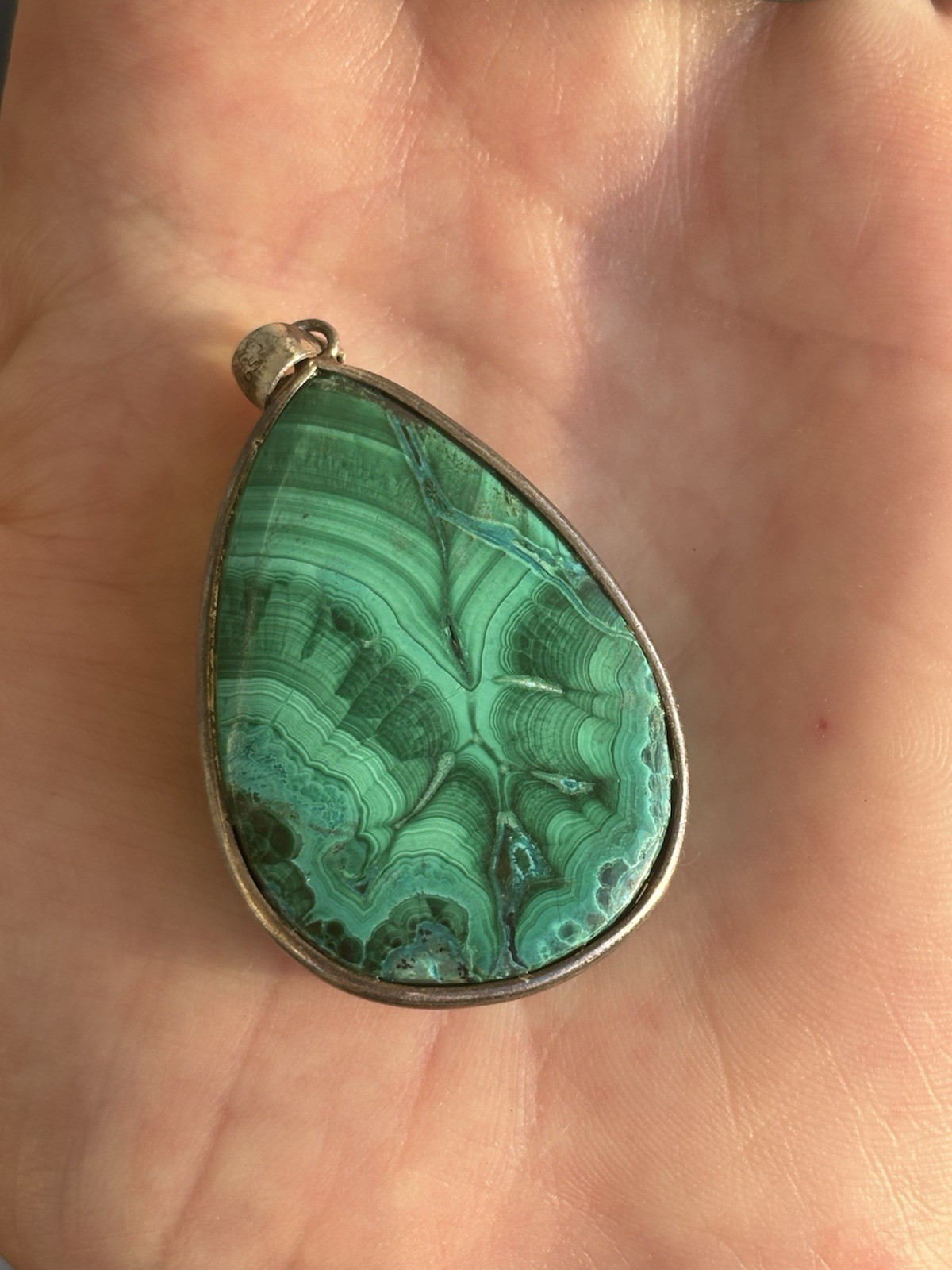 Green Malachite Gemstone Teardrop/Pear shape Bezel-Set Silver Pendant Charm