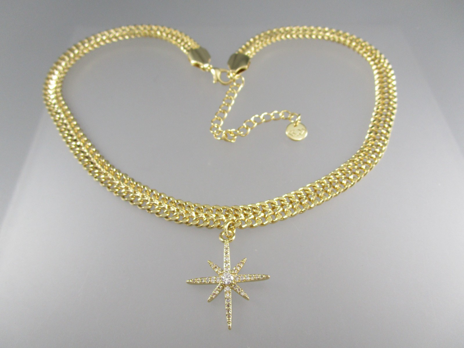 Gold tone Wide Cuban Link Adjust Length Choker North Star Pendant Necklace 951