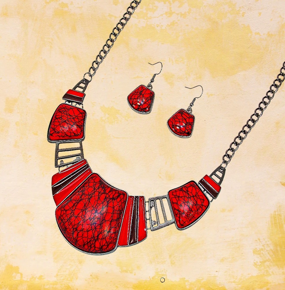 Red and black necklace and earring set, women’s large statement neck set New