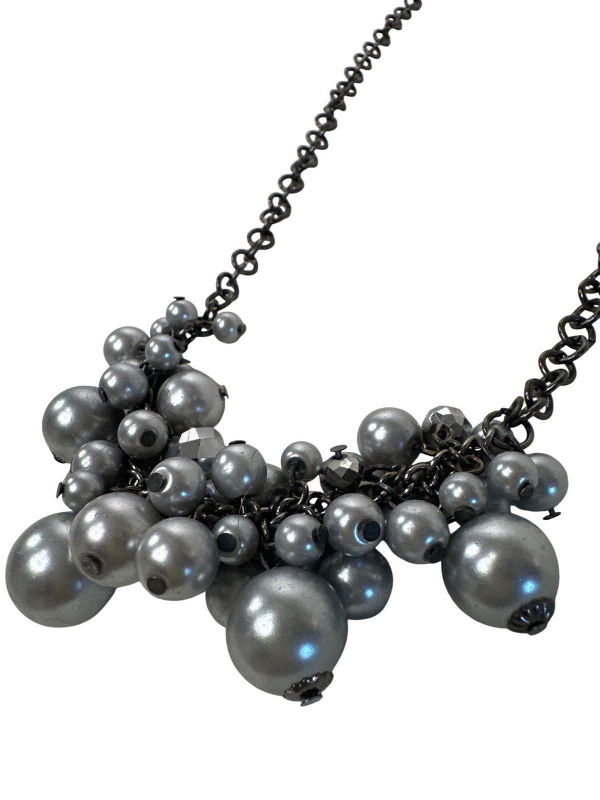 Gray Pearl Necklace Cluster Statement Gunmetal Chain 23″ Formal & Casual Wear