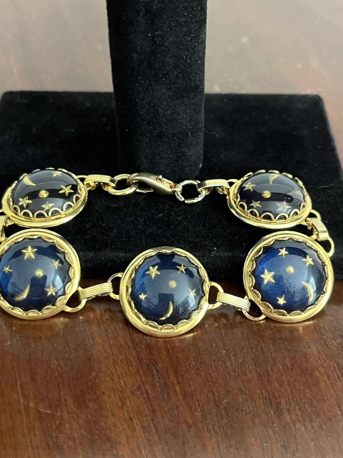 Blue and Gold Tone Celestial Bracelet Moon Stars Glass Dome 7.25″