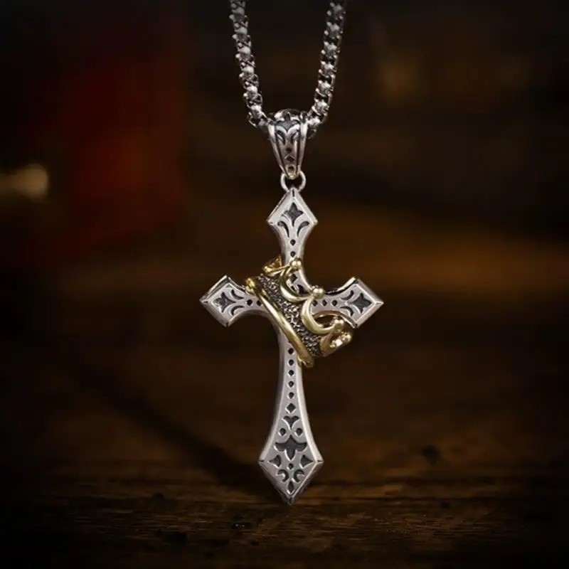 Mens Stainless Steel Cross Necklace with Gold Crown Pendant Christian Jewelry US