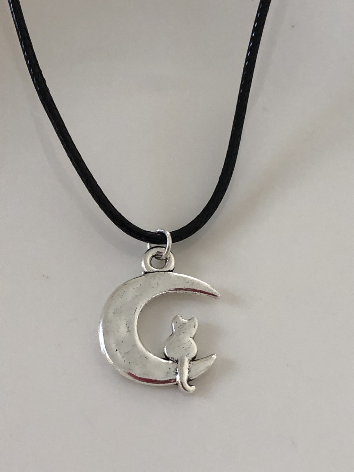 Cat Moon Crescent Genuine Leather Solid Silver Pendant Choker Necklace 45cm+5cm