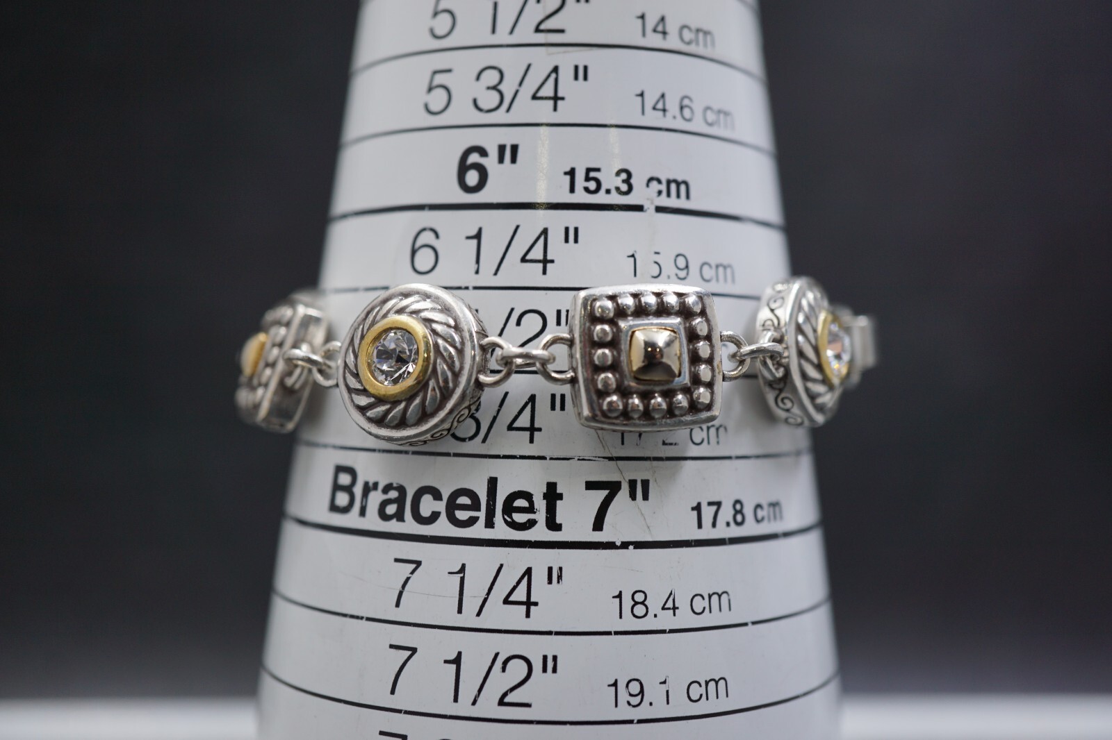 Brighton HEIRESS CRYSTAL LINK Round Square Two Tone Bracelet Fit a 6 1/2” Wrist