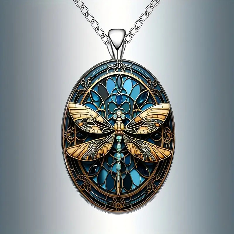 Dragonfly Necklace Oval Jewelry Vintage Silvery Magical Gothic Pendant A