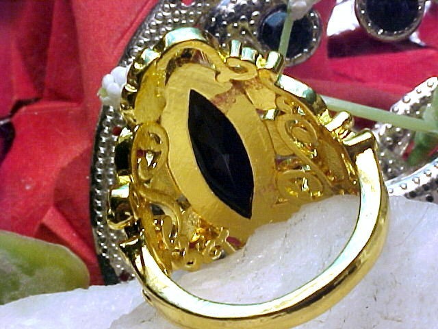 Black Hills Design Ring + Grape leaves + Black Onyx 925 Vermeil Sz 7.5
