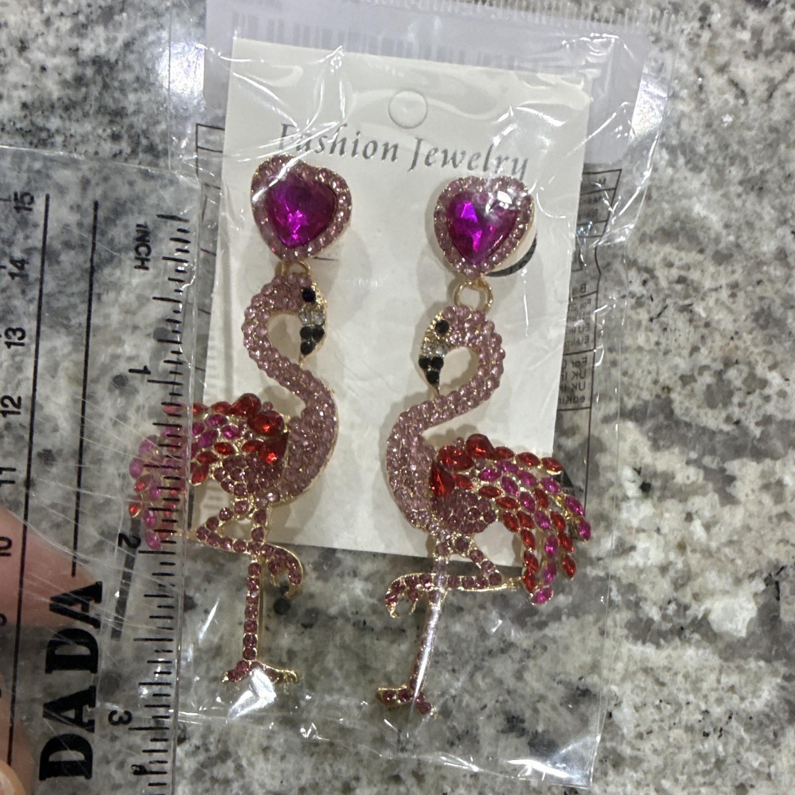 Pink Flamingo Dangle/Drop Earrings Rhinestone Crystal Heart Studs Nickel-Free