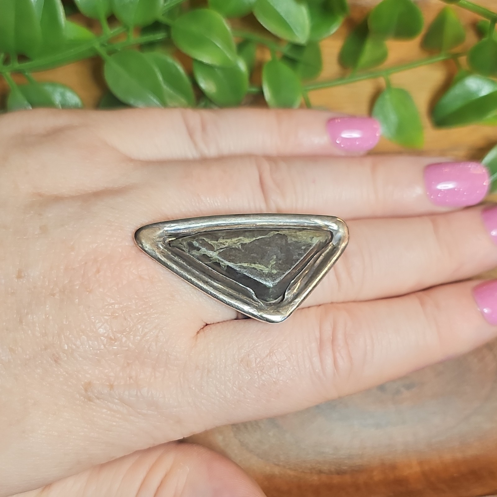 Vtg 925 Sterling Kambaba Jasper Statement Shield Asymmetrical Ring 13g Sz 7.5
