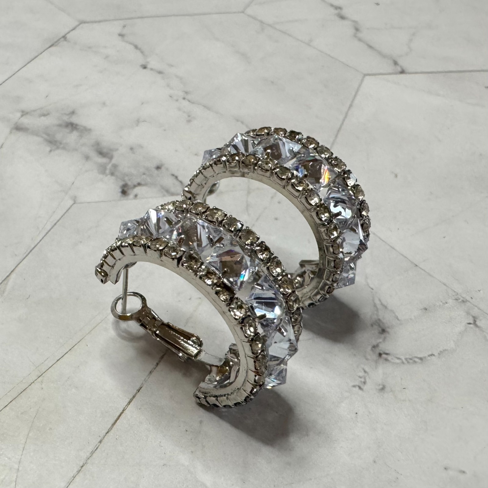 Diamond Zircon C Shaped Earrings Hoop Alloy Sparkly Silver Tone Omega Back Event