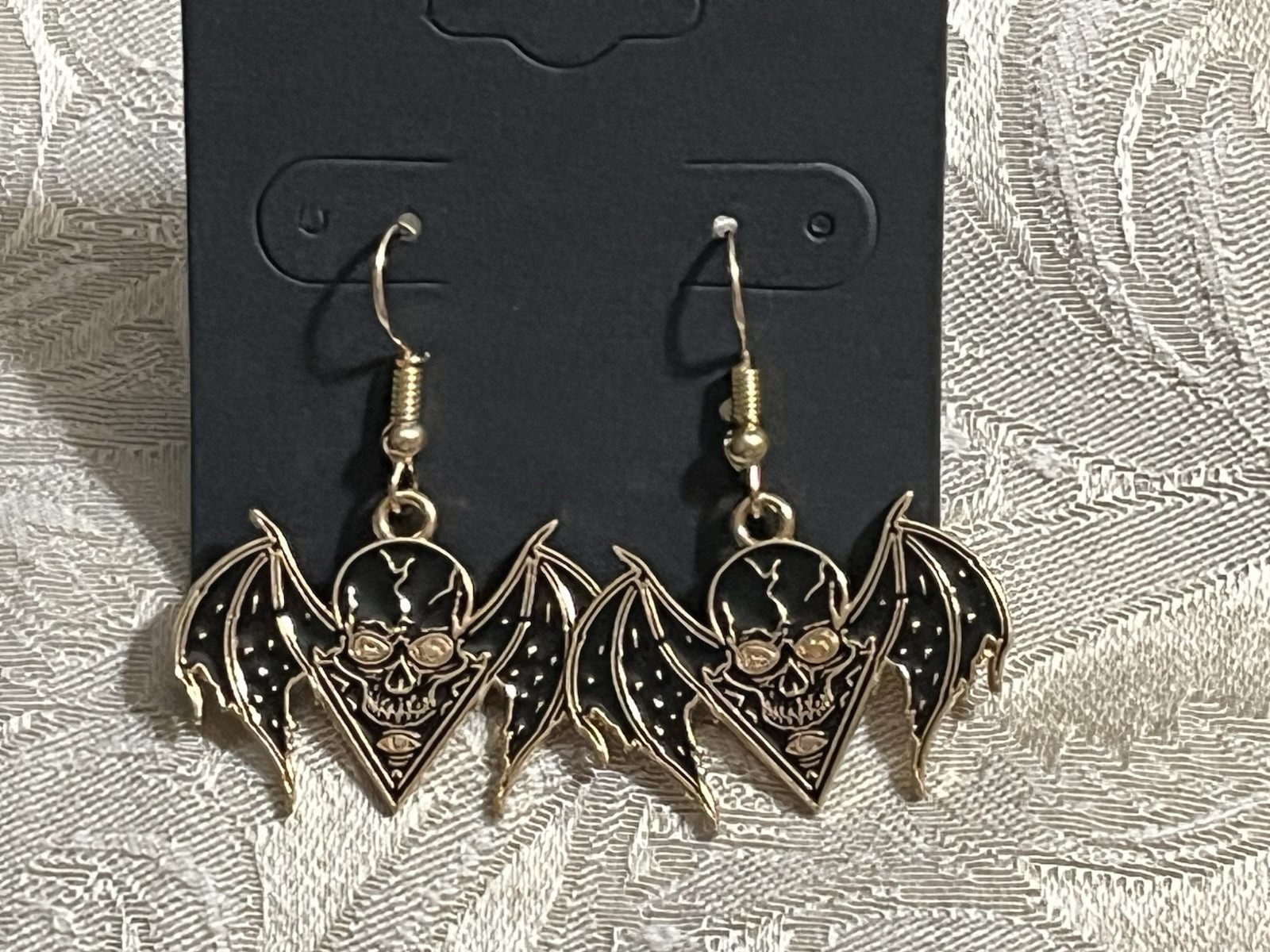 Gothic Bat Skull Halloween Charm Gold Dangle Bohemian Fashion Fun Earring Set