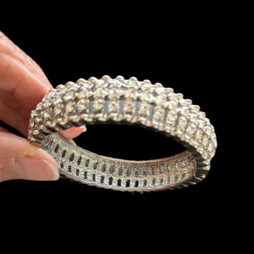 Wide Silver Rhinestone Cuff Bracelet Multi Row Clear Crystal 1/2″ Wide Bangle