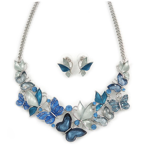 Romantic Blue Glass, Enamel, Crystal Butterfly Cluster Necklace and Stud