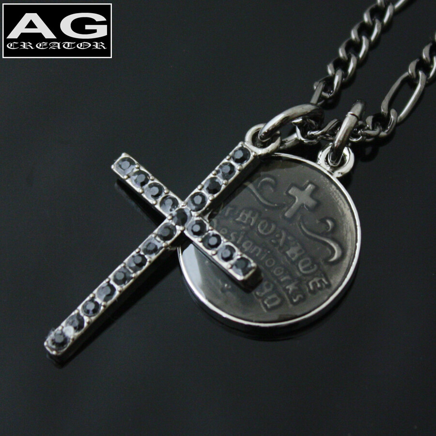 Cross Coin Black Dark Pendant with 20″ Fashion Chain Necklace for Women Men Kids