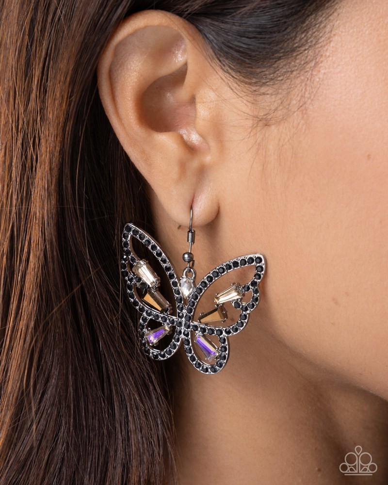Paparazzi Fair Flutter – Black – Black Rhinestones – Multicolored Gems – Silver