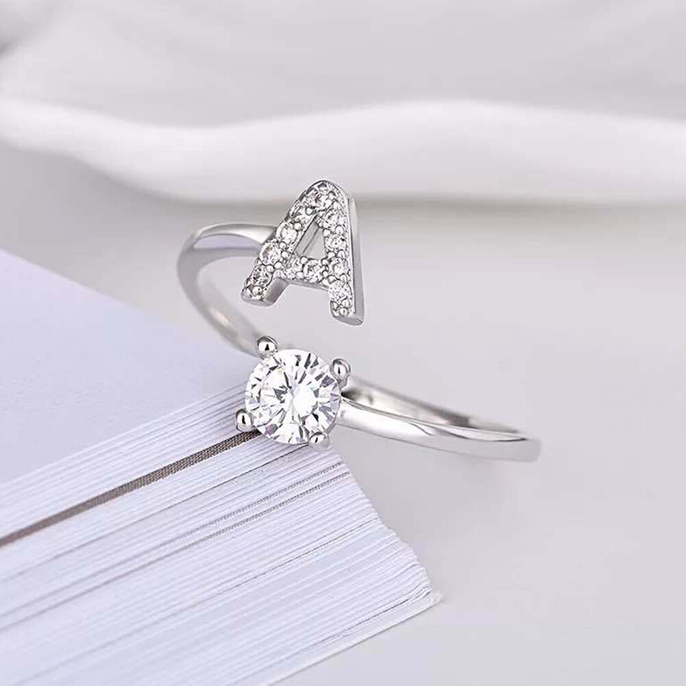 US Charm Initial Letter Ring Alphabet A-Z Gold Silver Adjustable Open Bands Ring
