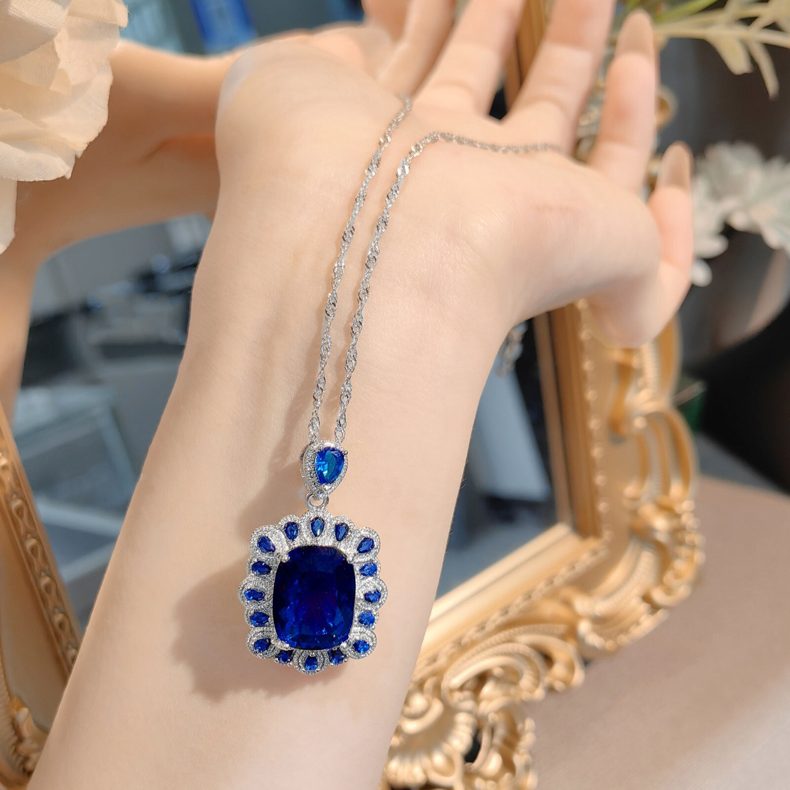 3pc European Royal Blue Topaz Gemstone Luxury Women Silver Necklace Ring Earring