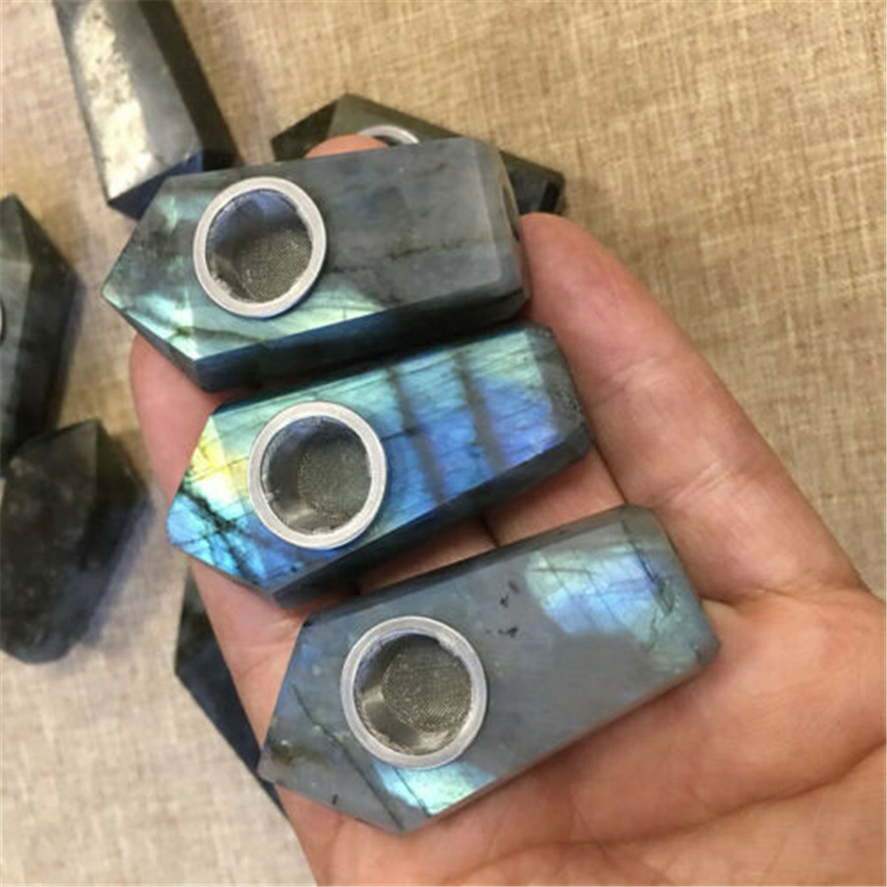 Natural Labradorite Rough Quartz Crystal Point Smoking Pipe Healing Stone Wand