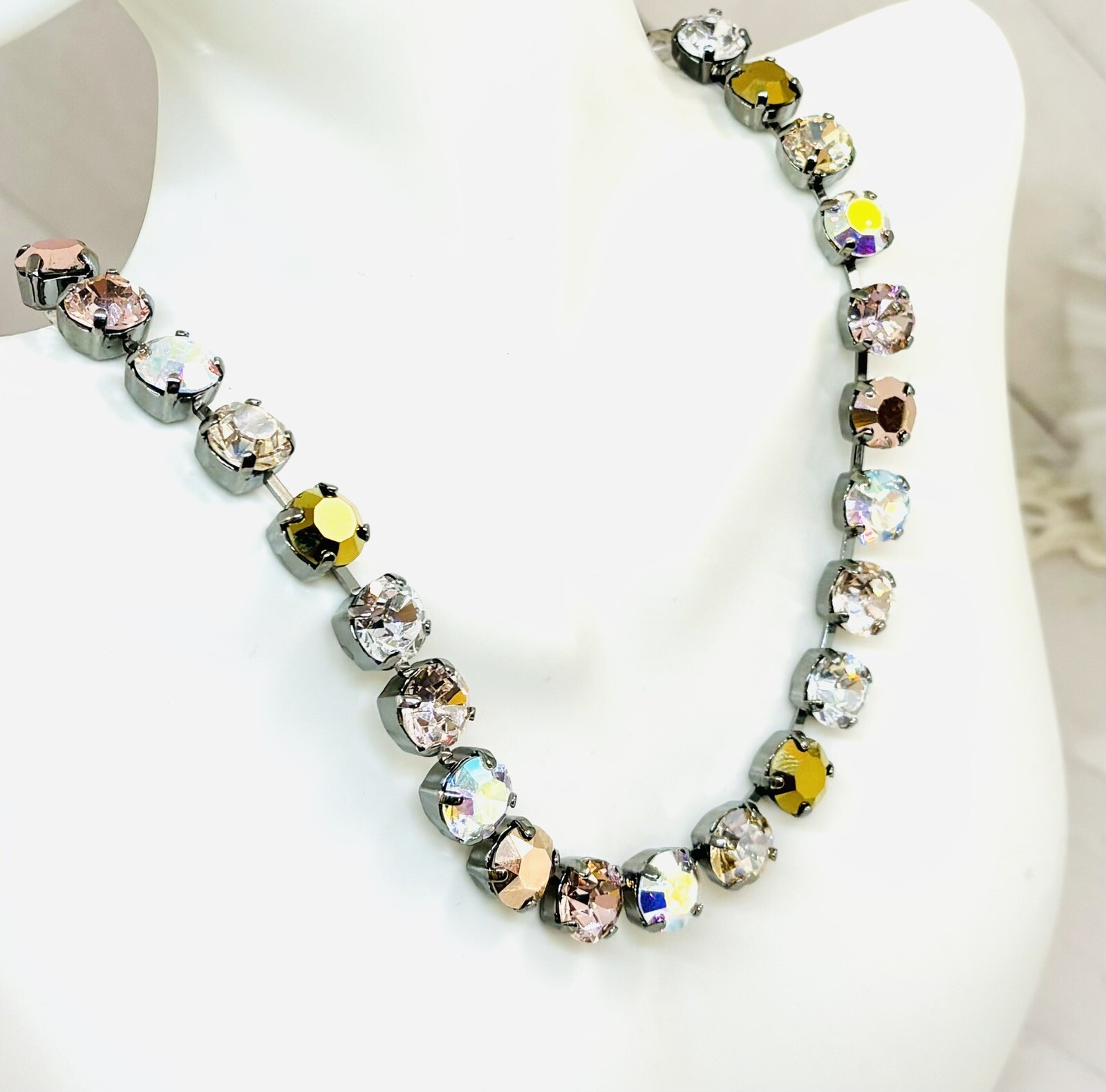 Gunmetal Plated Vintage Rose Pink Crystal AB Neutral Cup Chain Necklace