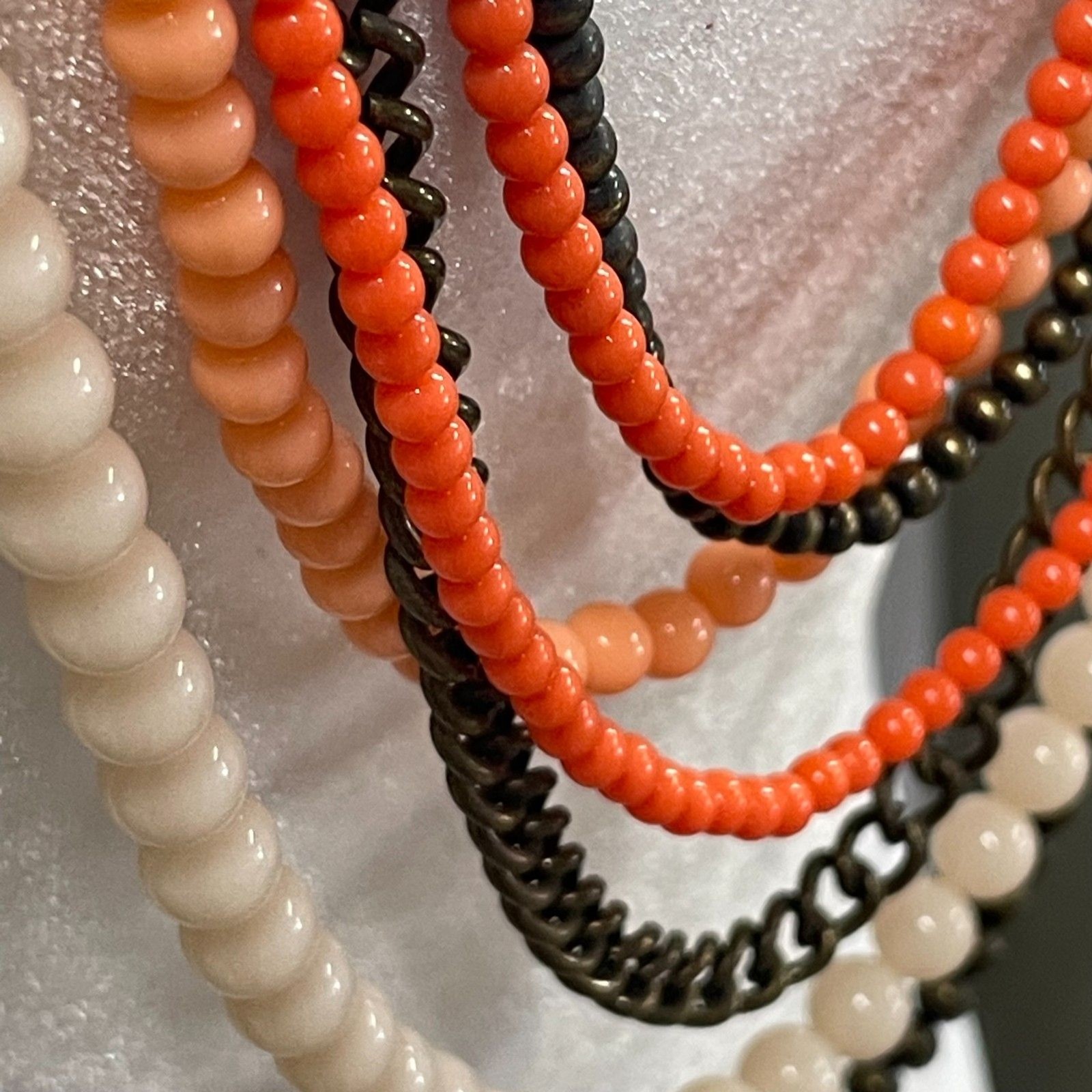 Multi Strand Beaded Necklace Coral Peach Cream Bronze Tone Statement 19″