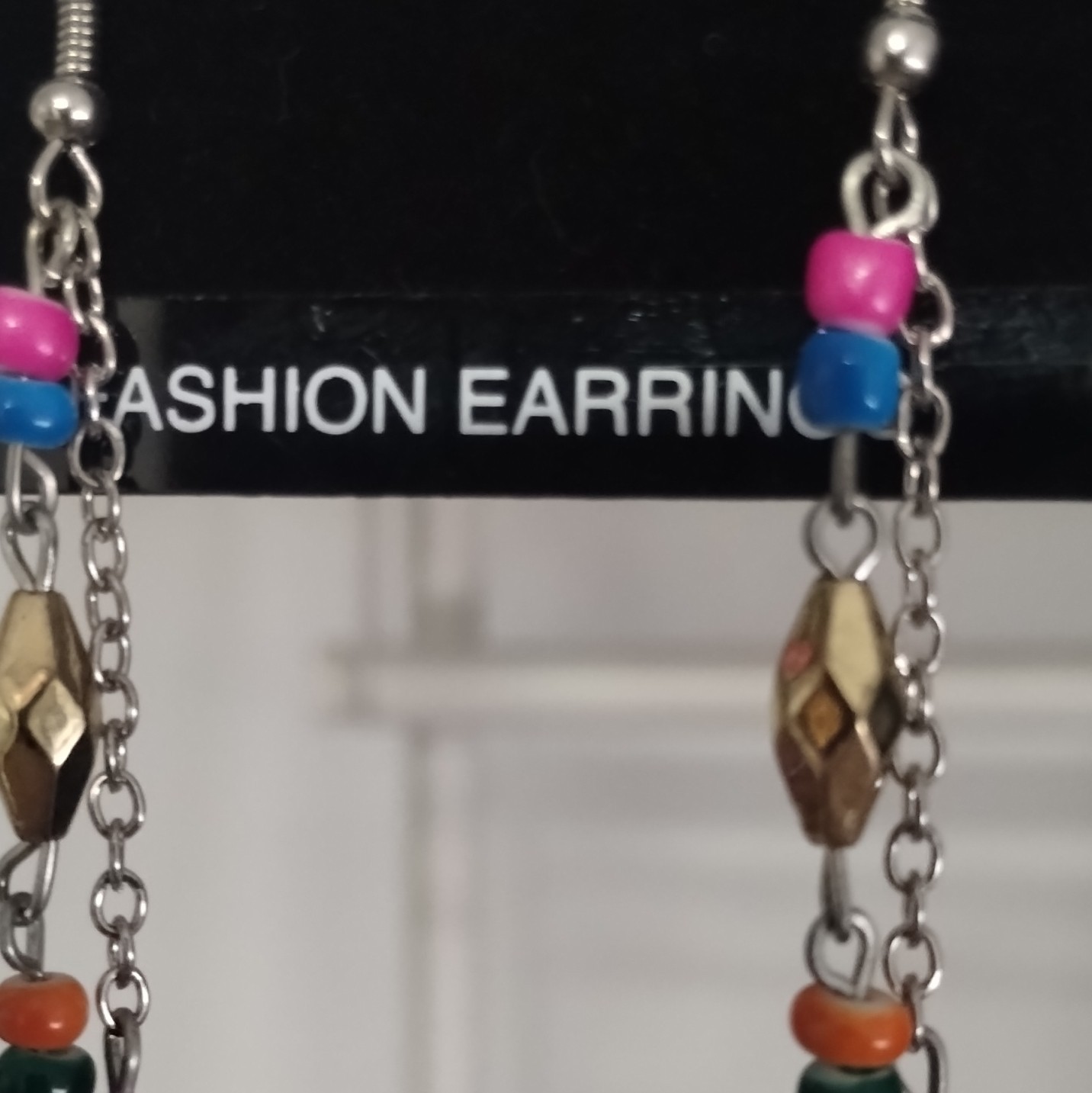 12 Inch Long Dangle/Drop Feather Earrings, Multicolor Beaded Silver-Tone Chain