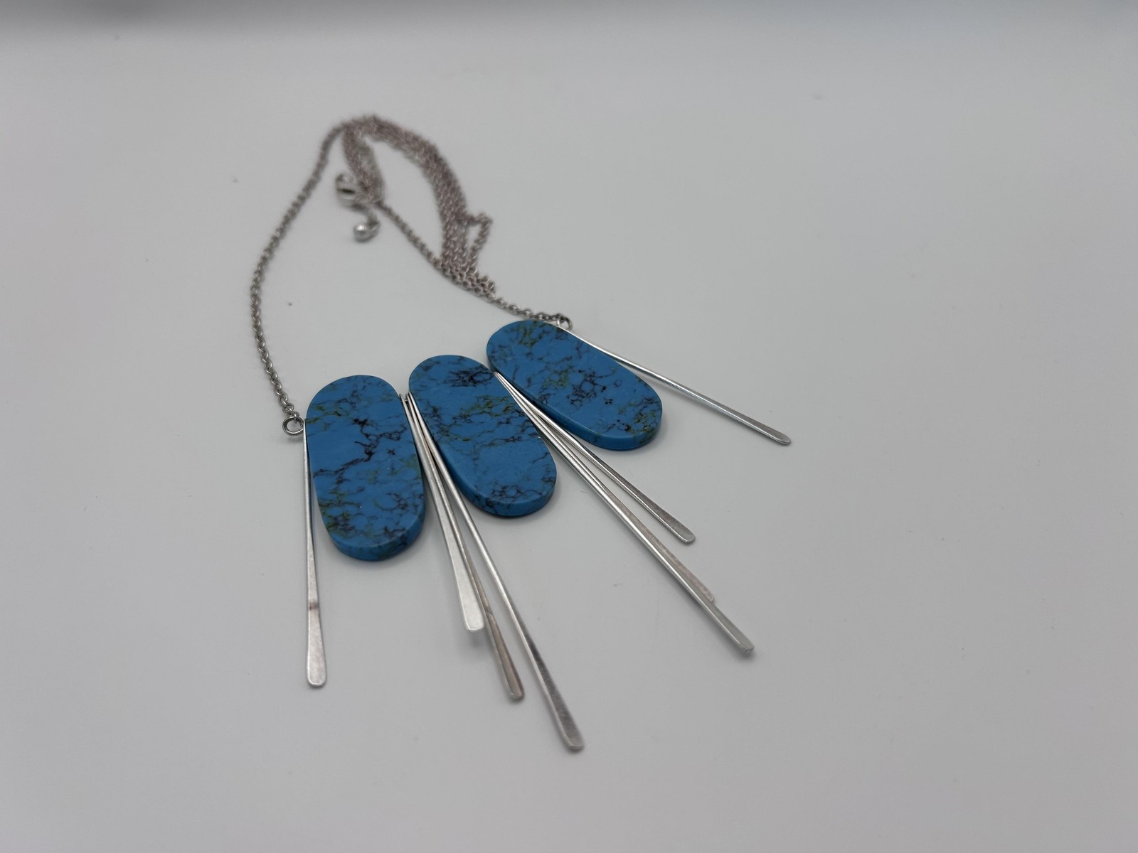 Necklace Blue Turquoise Bib Statement Silver Tone Fringe Pendant Chain 17 Inch