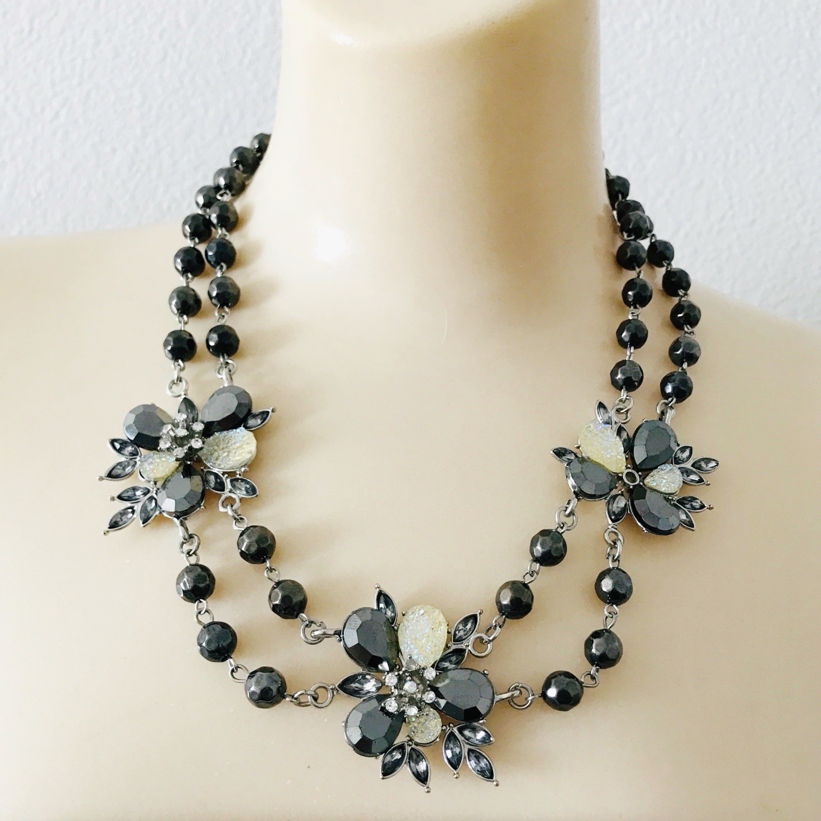Womens Fashion Double Strand Beaded Necklace Faceted Resin Rhinestone Flowers