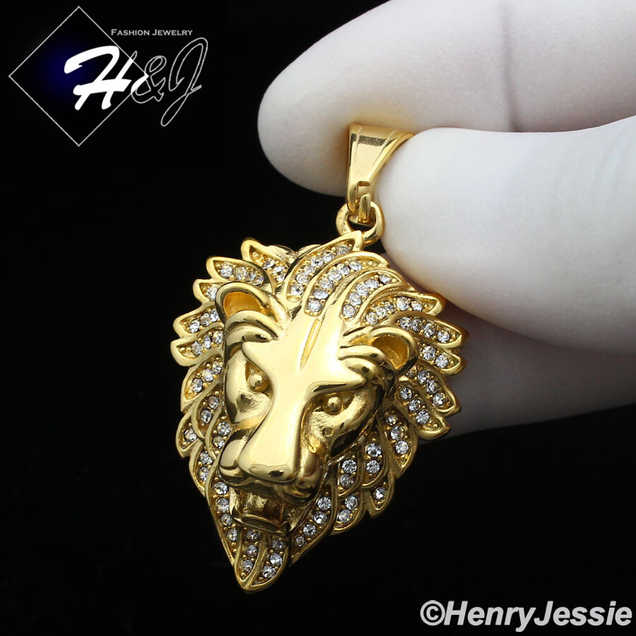 18-36″MEN Stainless Steel 3mm Gold Plated Box Chain ICY CZ 3D Lion Pendant*GP134