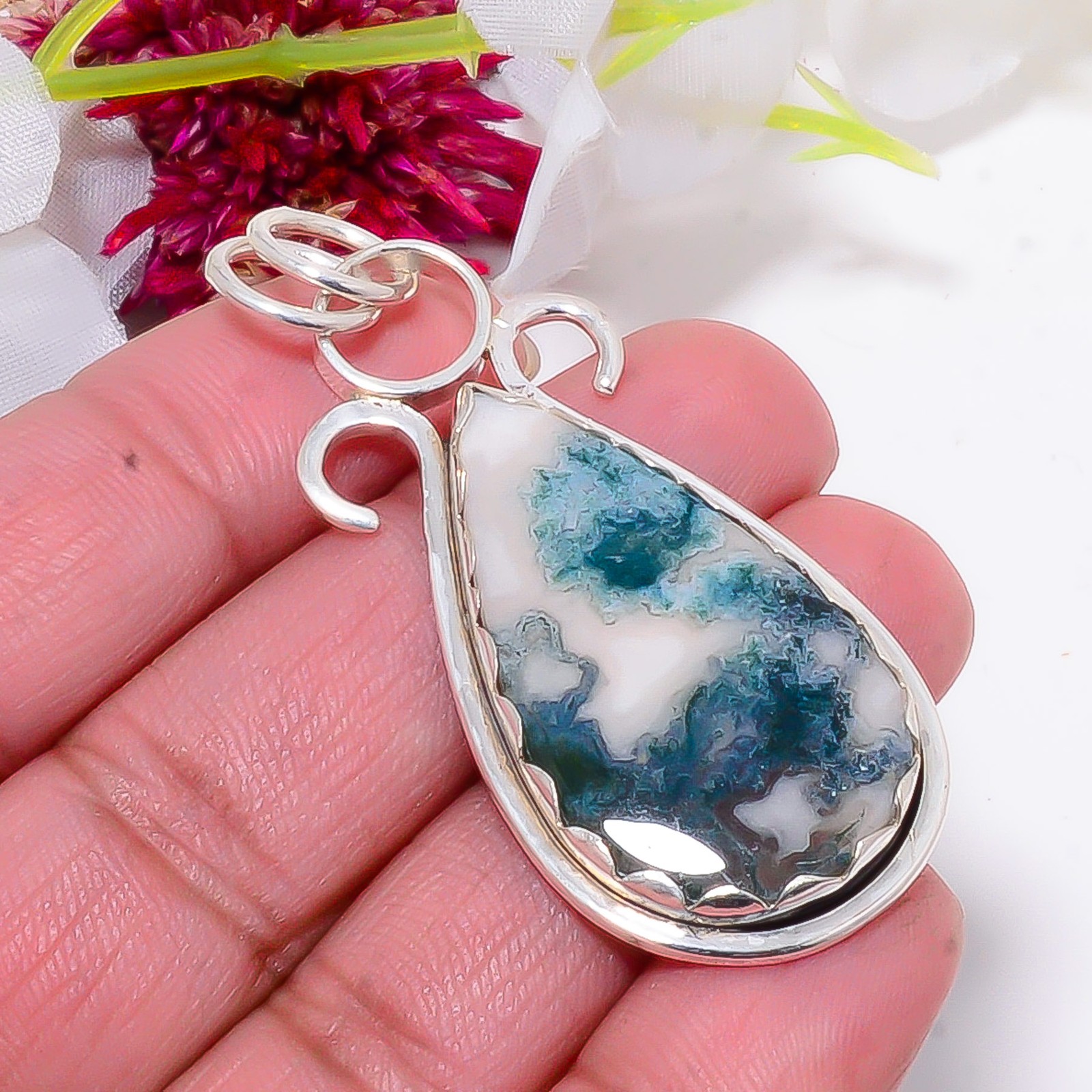 Moss Agate – India Gemstone 925 Sterling Silver Jewelry Pendant 2.26″ Sku23