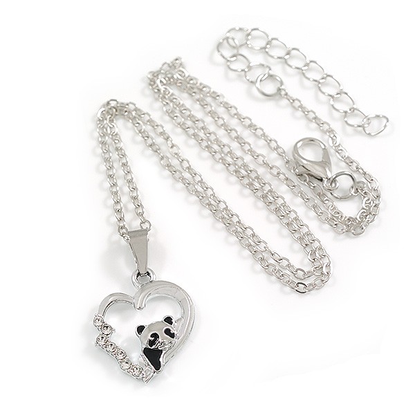 Small Open Heart with Panda Bear Pendant with Silver Tone Chain – 42cm L/ 5cm