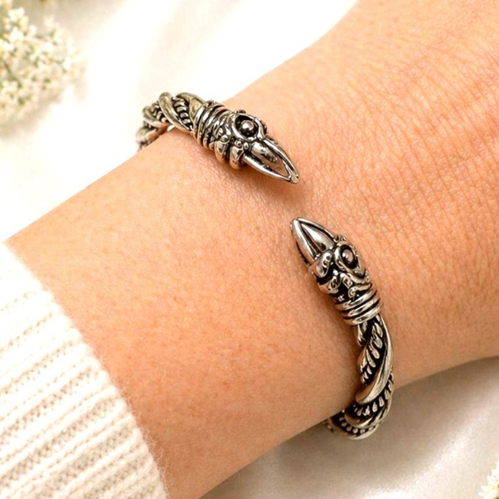 Silver Tone Bird Head Cuff Bracelet Twisted Open Cuff Adjustable