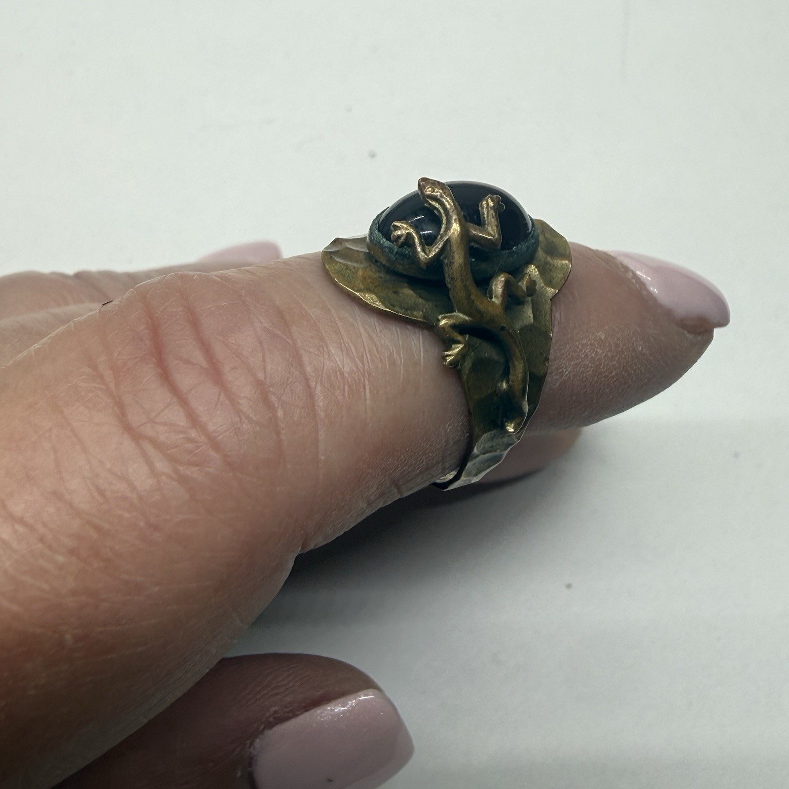 Antique Unique Brass Lizard And Floral Ring With Oval Red Glass