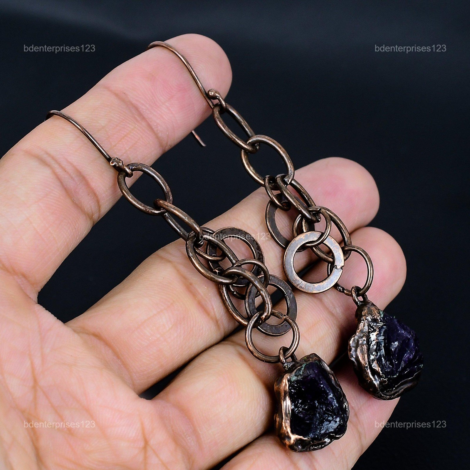 Pentagon African Amethyst Rough Gemstone Dangling Electroformed Earrings Copper