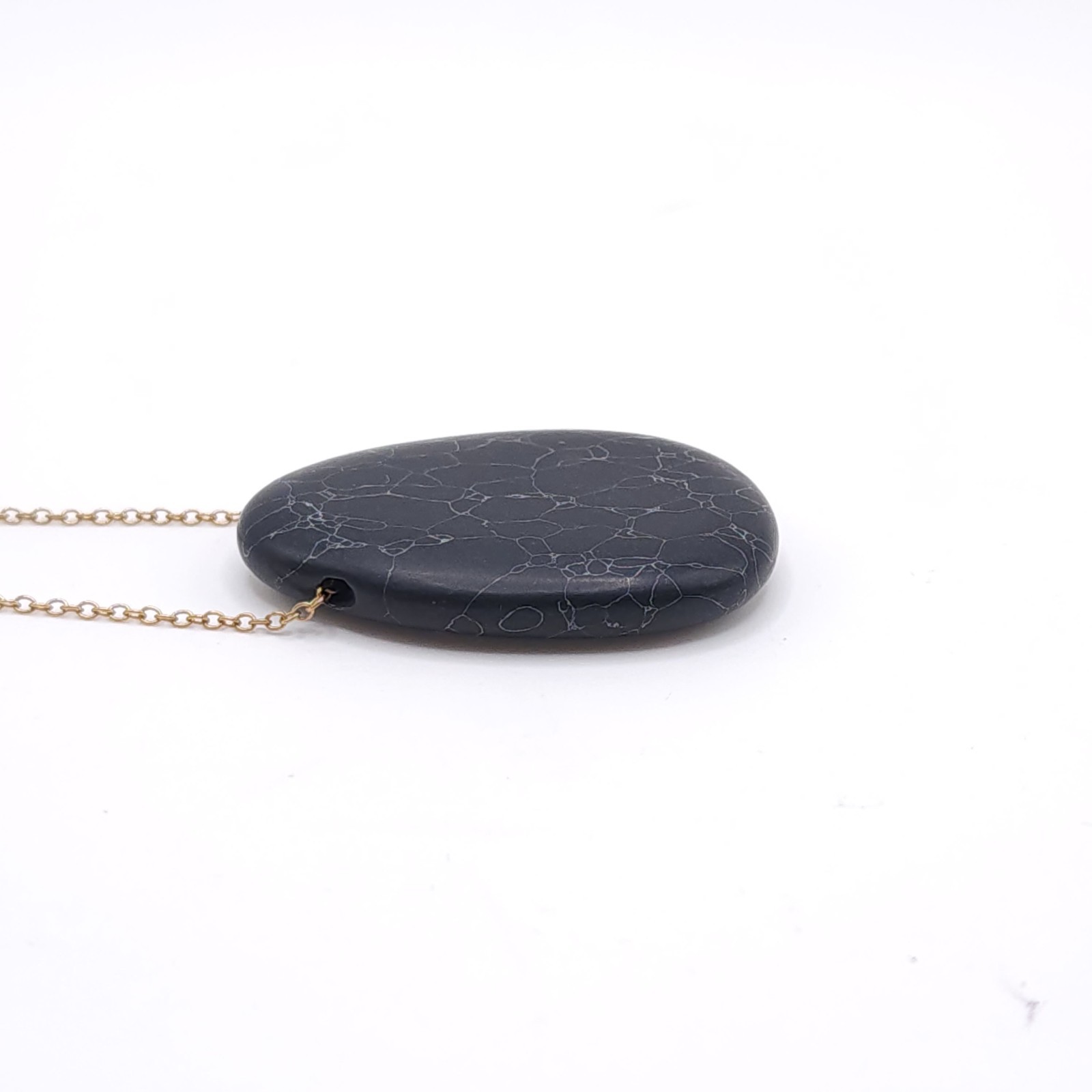 Black Agate Teardrop Pendant Necklace Gold Tone Statement Adjustable 32-35in