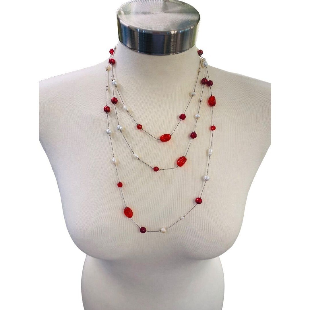Silvertone Red Chain Necklace Strand String 67″ Lobster Clasp Faux Assorted Pear