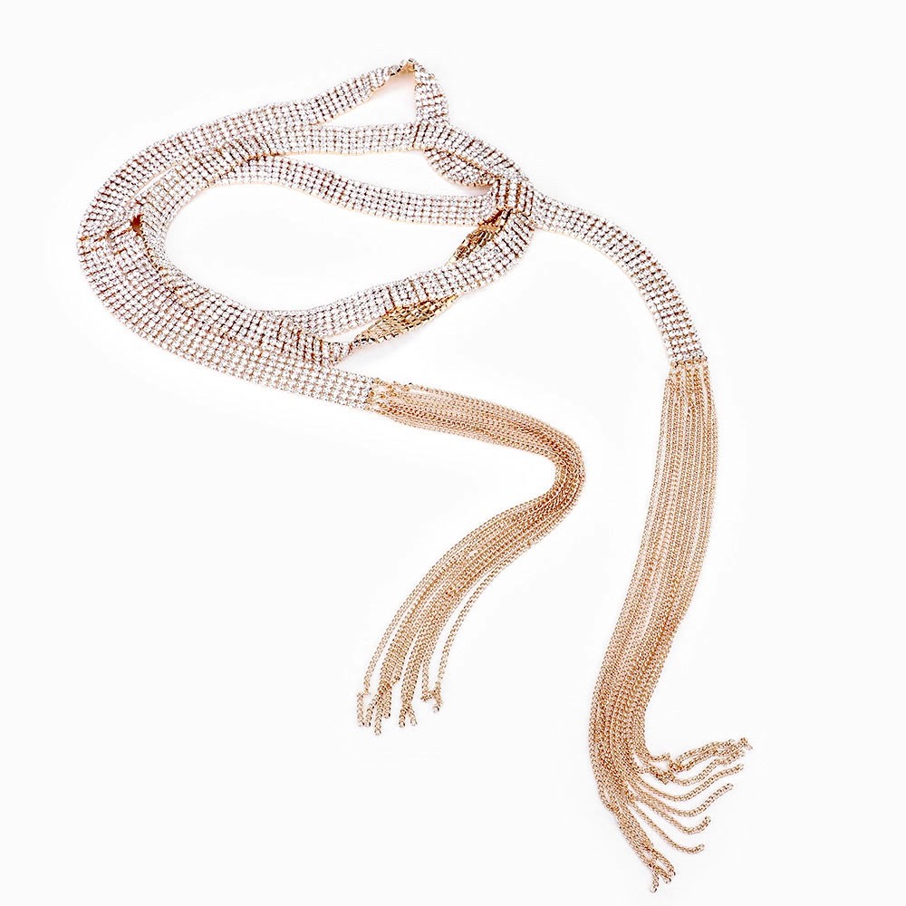 Pink Gold Mesh Necklace Rhinestone Scarf Wrap Women’s Gold Plated Quality 40″